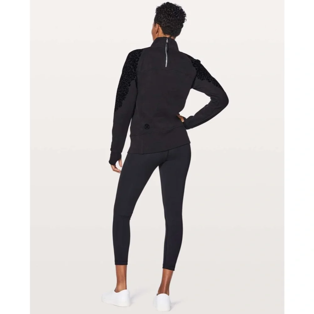 lululemon | Floral Flock Pullover Black Velvet Terry 1/4 Zip Sweater Size 4